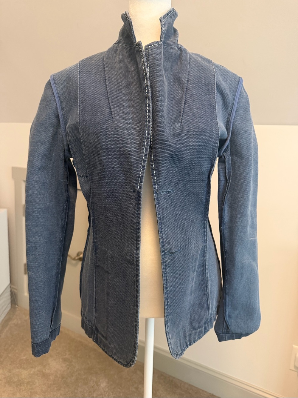 Vintage CELINE Blue Denim Canvas Jacket Blazer Contrast Stitch Made in France 38 - Picture 3 of 9